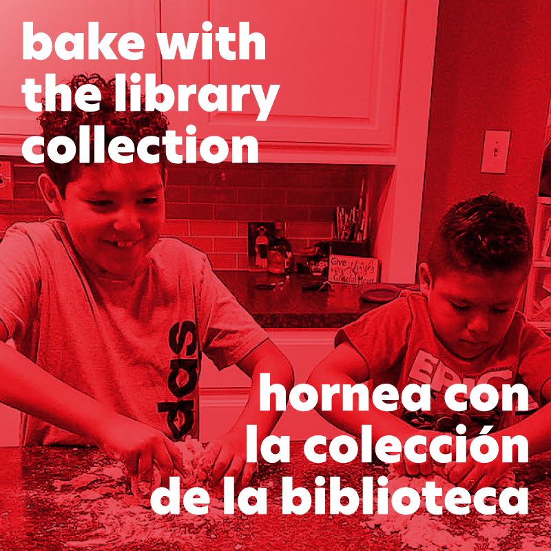 two young boys smiling while baking with the text bake with the library