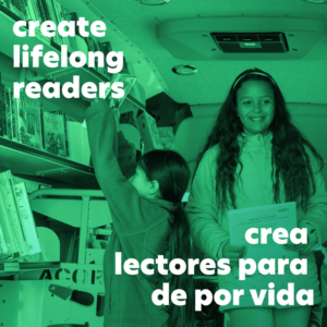 girl smiling with book with the text create lifelong readers