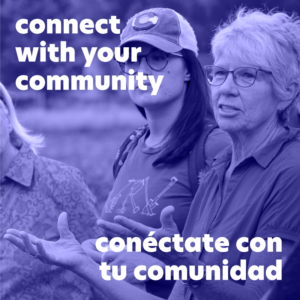 two women standing and conversing with the text connect with your community