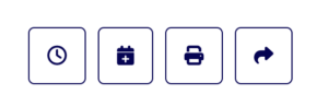 a clock icon, calendar icon, print icon, and arrow icon in a row